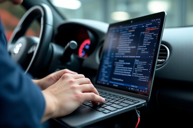 Technician connecting laptop to car OBD port for precise ECU remapping